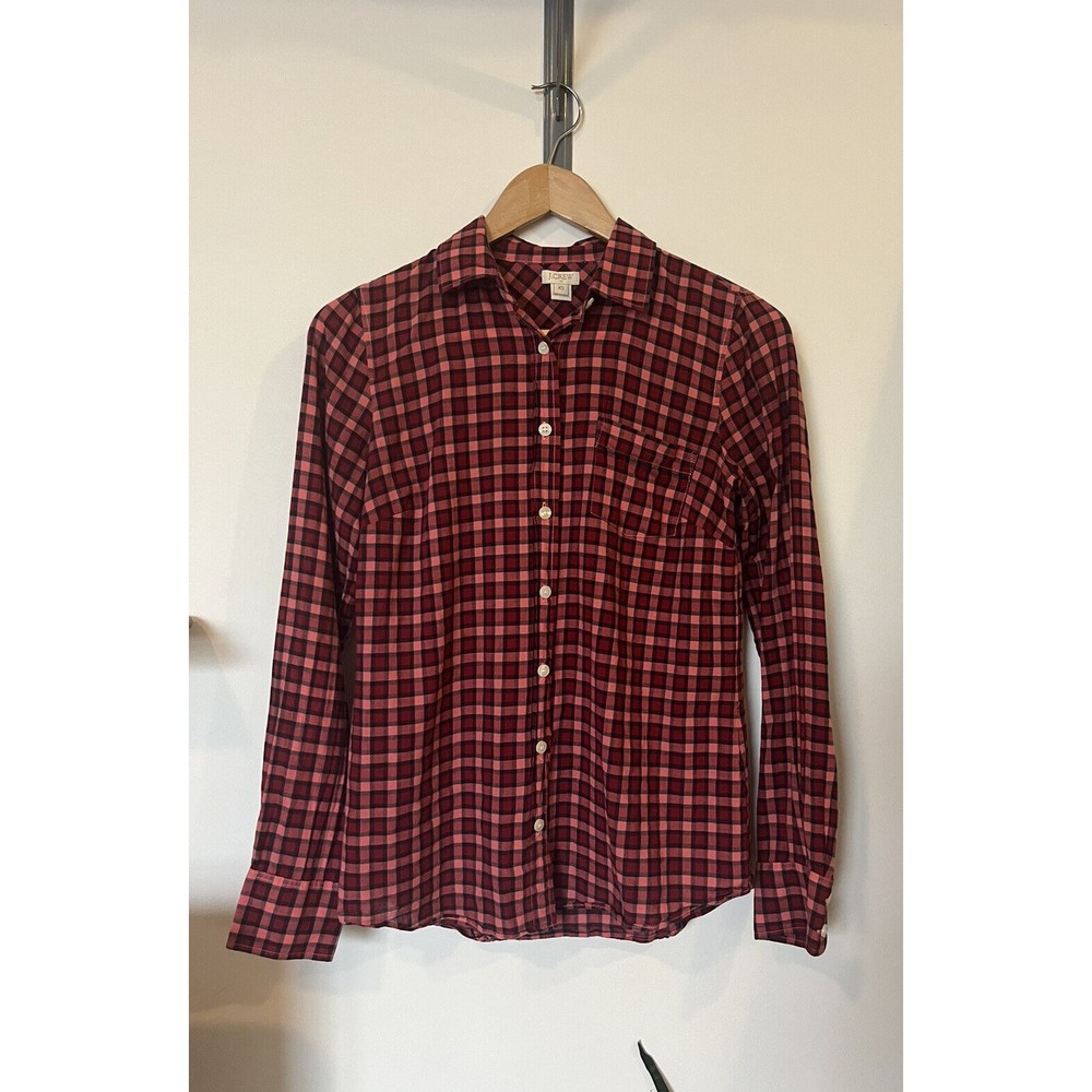 J Crew Factory Red Pink Plaid Button Up Long Sleeve Shirt Size XS